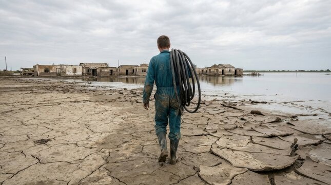 Worker Walks Across Flooded Drought Landscape Near Ruined Houses