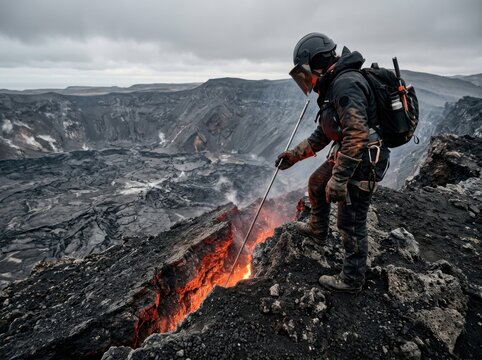 Volcano researcher sampling lava inside an active crater