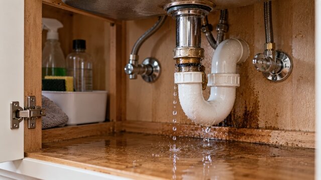 Leaking sink trap under kitchen cabinet creates pool of water on wood floor causing timber swelling.