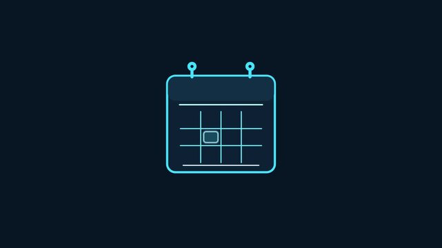 Neon Blue Calendar Icon with Digital Grid Design on Dark Background for Scheduling and Planning