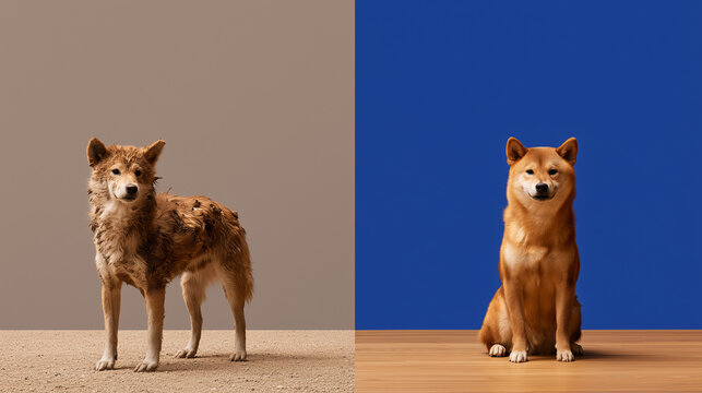 Before and after grooming comparison of a Shiba Inu, split-screen showing muddy dull clumped fur transformed into glossy fox-like brushed coat, styled against contrasting taupe and cobalt 