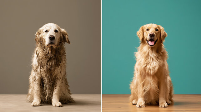 Before and after grooming comparison of a Golden Retriever, split-screen showing matted dull fur with dirt streaks transformed into radiant fluffy glowing golden coat, styled against contrasting 