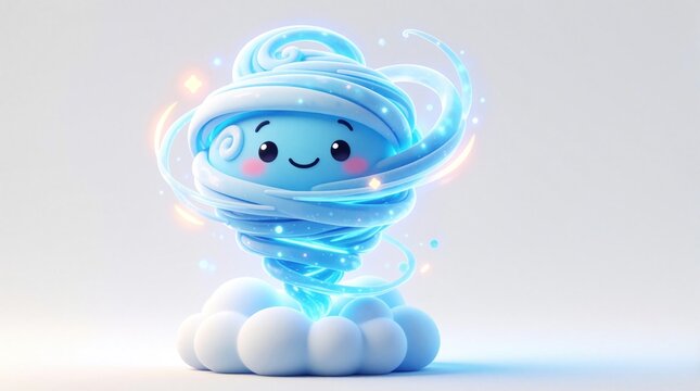 Cute cartoon light blue wind character with glowing spiral arms and a happy face, sits on white clouds. This whimsical swirl character represents air, weather and gentle motion.
