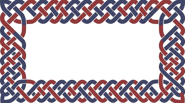 Decorative rectangular frame featuring an intricate woven celtic knot pattern in shades of blue and red on white