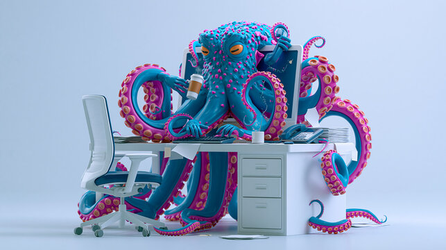 Stressed 3D octopus businessman multitasking at his desk with many arms, coffee, and phones, a funny burnout office life concept.