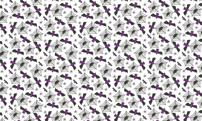 Fototapeta premium Halloween Seamless Pattern with Cute Purple Bats Spider Webs and Spiders on White Background
