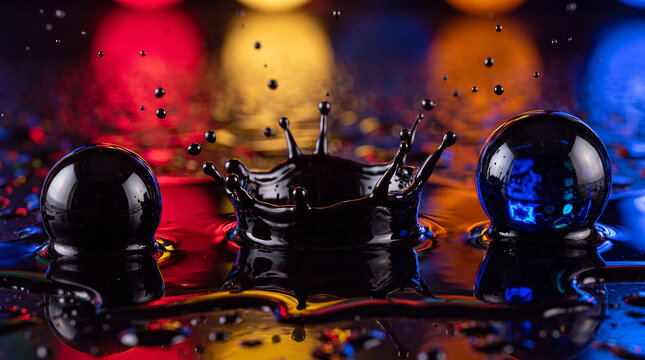 High-speed photo of a black liquid crown splash flanked by two spheres on a colorful reflective wet surface with bokeh lights
