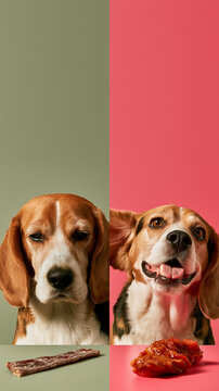 Before and after treat comparison of a Beagle, split-screen showing disheartened mood transformed into thrilled tail-wagging excitement over a glossy meat treat &mdash; great for pet treat branding, dog 