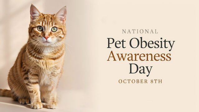 Cute ginger tabby cat sitting next to national pet obesity awareness day text on grey background