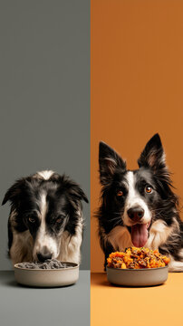 Before and after feeding comparison of a Border Collie, split-screen showing weary uninterested mood transformed into vibrant excitement over a bowl of colorful pumpkin-and-meat mash 