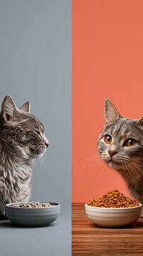 Before and after feeding comparison of a grey tabby cat, split-screen showing sad disinterested mood transformed into delighted excitement over a bowl of golden-brown kibble pet food marketing