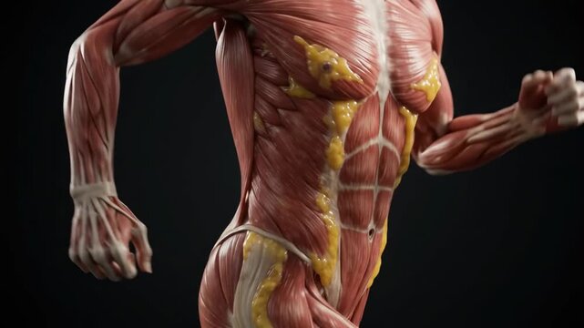 Anatomical human body muscles and tendons in motion during running