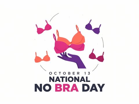 National no bra day concept illustration with colorful bras and a hand holding them