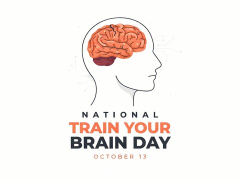 National train your brain day illustration with human head profile and anatomical brain graphic