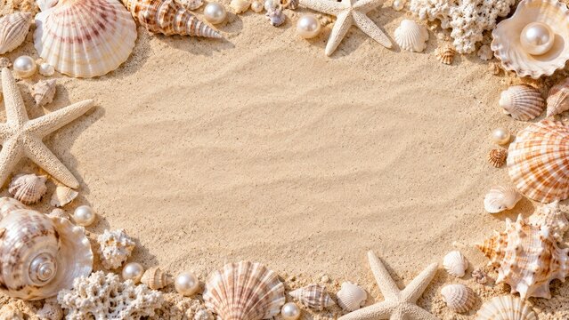 Sandy beach background framed with assorted seashells, starfish, coral pieces and pearls