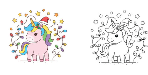 Fototapeta premium Cute Christmas Unicorn Coloring Page and Color Vector Illustration for Kids, Magical Fantasy Pony with Santa Hat, Holiday Lights and Stars Activity Sheet for Winter Season