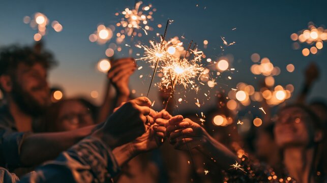 Close-up of young people holding glowing sparklers against the night sky, festive New Year celebration, friendship and joyful holiday party, stock photo