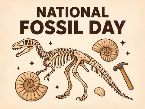 National fossil day illustration with dinosaur skeleton and ammonite shell design