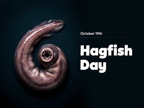 Hagfish day graphic illustration featuring a coiled pink and grey sea eel on a black background