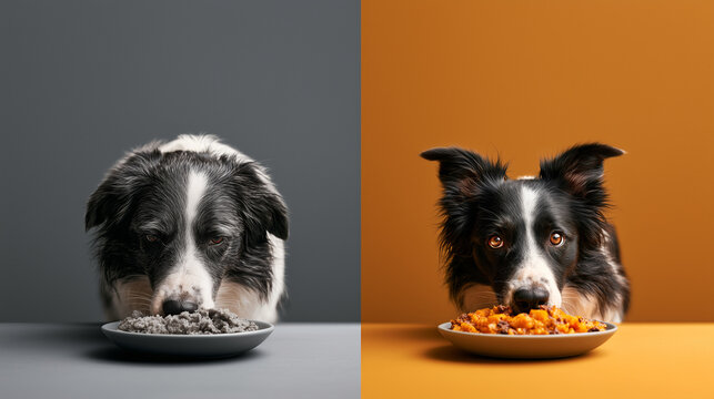 Before and after feeding comparison of a Border Collie, split-screen showing weary uninterested mood transformed into vibrant excitement over a bowl of colorful pumpkin-and-meat mash 