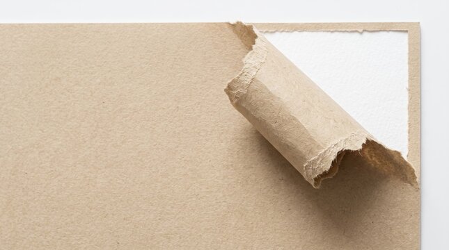 Torn brown kraft paper corner peeling back to reveal clean white textured surface underneath, minimalist abstract background template with copy space for design