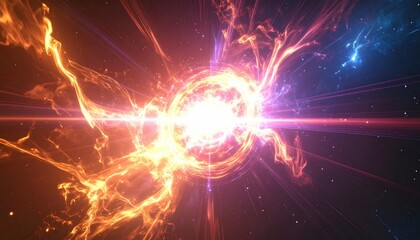 Fototapeta premium Exploding cosmic energy burst with fiery and electrical effects.