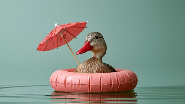 Duck floating in small inflatable boat, holding tiny cocktail umbrella, looking like on vacation, pastel green wall, copy space