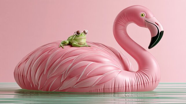 Giant inflatable flamingo floating in pool with tiny sunbathing frog wearing sunglasses, pastel pink wall background, copy space