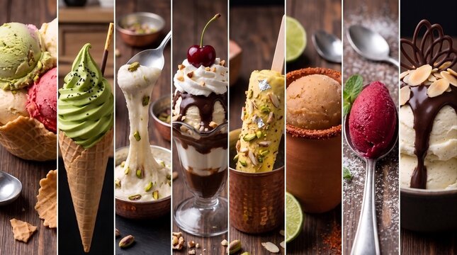 World Famous Frozen Desserts Collage: Waffle Bowl Scoops, Matcha Soft Serve, Stretchy Booza, Sundae Glass, Kulfi Popsicle, Taj&iacute;n Sorbet, Raspberry Quenelle, and Vanilla Chocolate Drizzle Banner