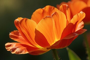 Obraz premium Close up of vibrant orange tulip petals backlit by sunlight. Delicate flower bloom unfurls, revealing intricate texture and warm glowing color. Natural botanical beauty.