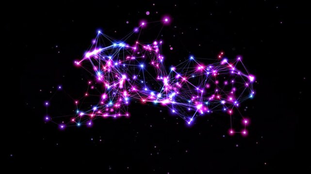 Abstract digital plexus network, glowing purple and blue data nodes, futuristic communication technology background for science and AI