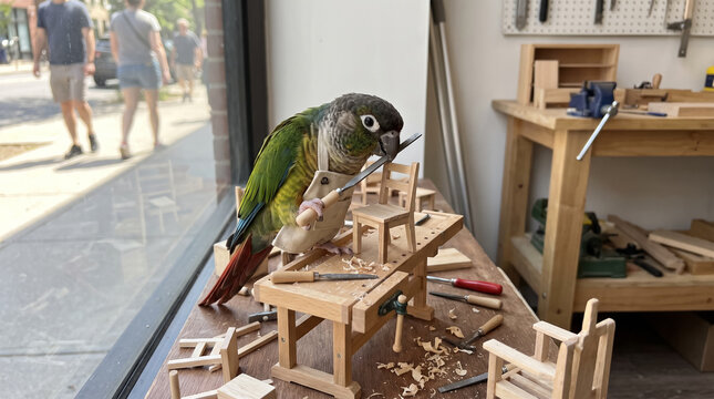 Cute conure parrot in apron working at miniature carpentry workbench crafting wooden chair. Concept of workshop, animal, carpenter, woodworking, woodcraft.