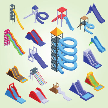 Water slide icons set isometric vector aquapark ride spiral playground summertime swimming pool tunnel enjoyment collection
