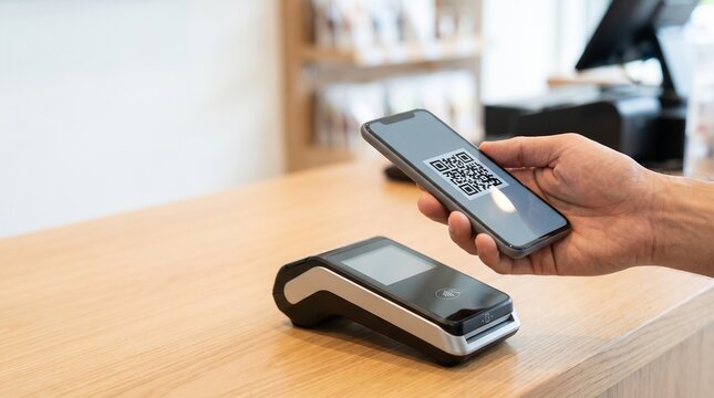 Smartphone QR code payment at POS terminal on wooden store counter