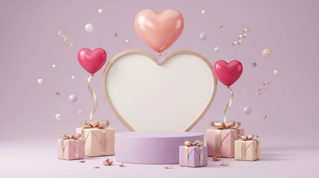 Valentine's Day heart shaped gifts and balloons on purple background