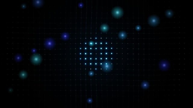 Futuristic digital grid background, glowing blue data particles on black, high-tech cyber motion graphics for science and technology