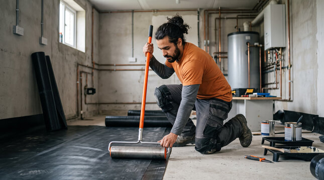 Male Worker Installing Waterproofing Membrane on Concrete Floor with Pressure Roller Indoors. Concept of site, installer, aligns, floor installation, construction worker, basement renovation.