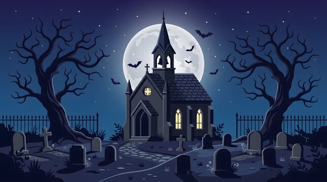 A spooky graveyard scene featuring an old church building under a full moon with flying bats and bare trees