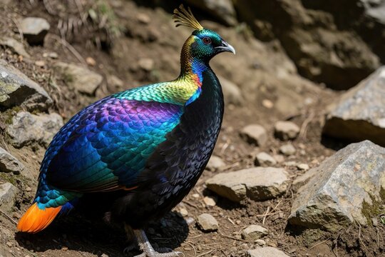 Colorful Himalayan monal bird stands on rocky ground. Rare pheasant with vibrant iridescent feathers shows beautiful plumage. Wild avian creature lives in mountain habitat. Exotic colorful bird rests