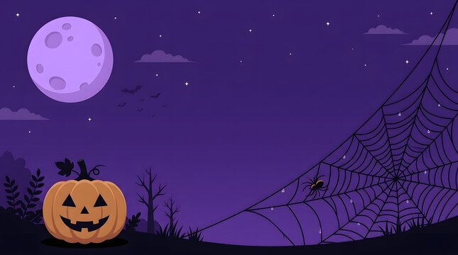 A spooky pixel art halloween background featuring a glowing jack o lantern under a large full moon night sky
