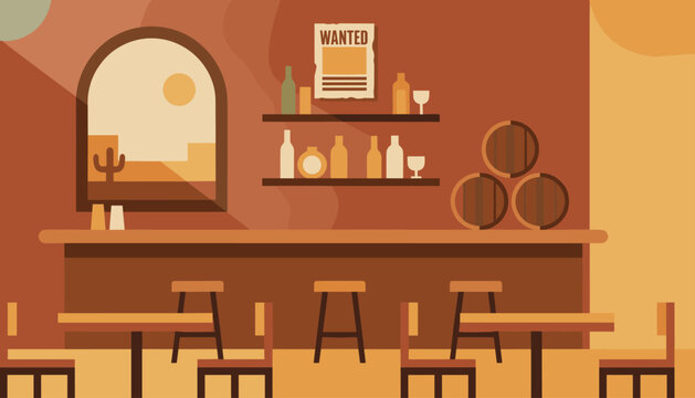 Wild West saloon interior featuring a wooden bar with stools and bottles under a wanted poster in the scorching desert heat.