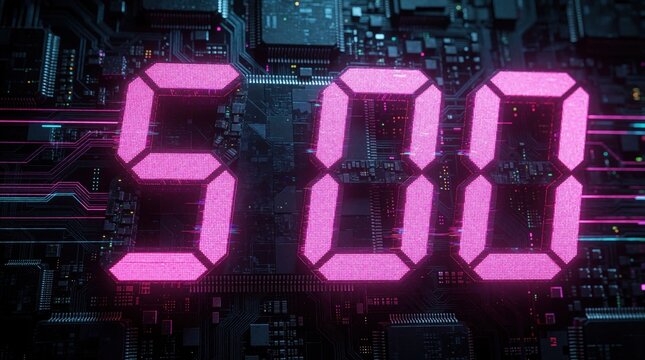 Digital countdown timer shows pink number 500 on futuristic circuit board background. Neon glowing digits display on electronic microchip with glowing light lines. Cyberpunk tech style interface with