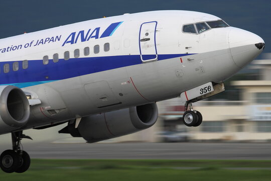 An All Nippon Airways (ANA) aircraft lifts off from the runway captured with motion blur on July 17, 2014 in Japan.