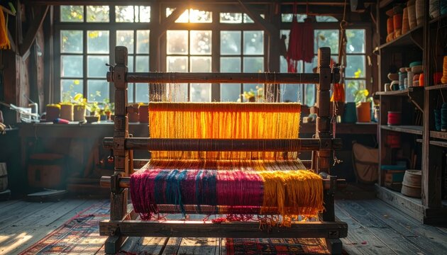 Rustic indoor weaving studio with traditional hand loom