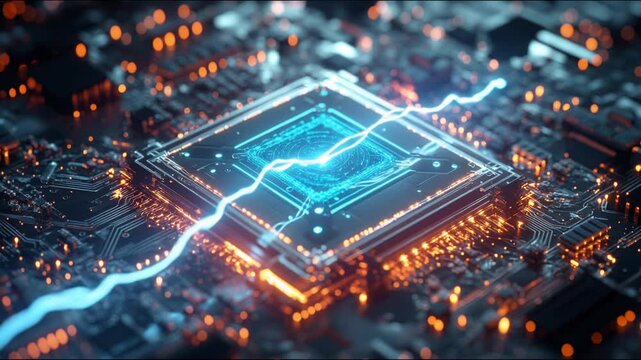 Futuristic Quantum AI Processor with High Energy Electric Surge and Lightning Discharge on Motherboard Animation