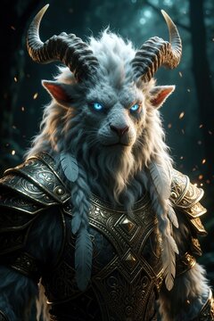 Mystical white creature with large horns, bright blue eyes wears ornate gold armor. Fantasy beast with soft feathers stands in dark magic forest. Mythical warrior monster looks forward in surreal