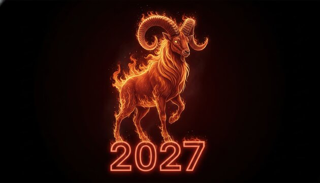 Fiery illustration of a ram symbolizing the Year of the Fire Goat 2027, with vibrant flames and glowing numbers prominently displayed below the animal