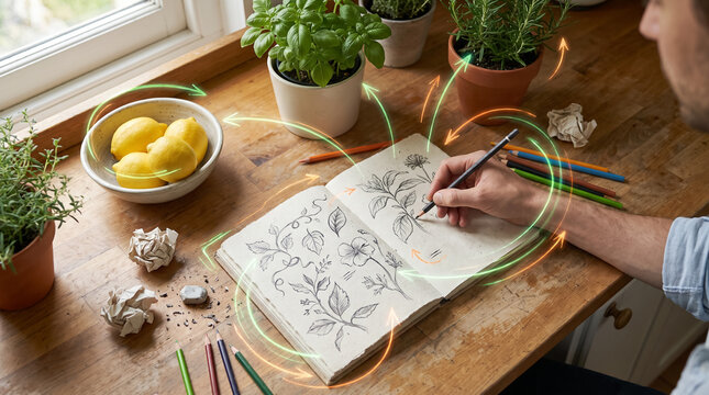 Artist sketching botanical illustrations in notebook with pencil on wooden table surrounded by plants. Concept of scribbles, drawn, drawing notebook, botanical art, hand drawn, artist hands.