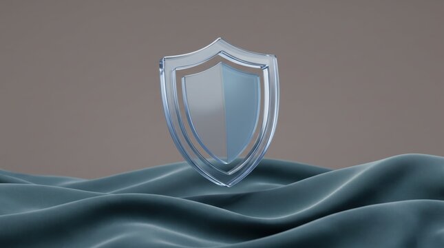 Shiny blue shield on wavy fabric background