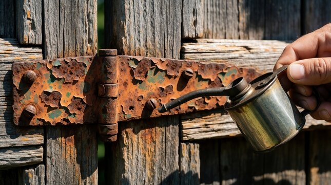 Hand applies oil from vintage can to old rusty door hinge. Wood gate needs lube to stop squeaking and prevent rust damage. Metal hardware gets maintenance.